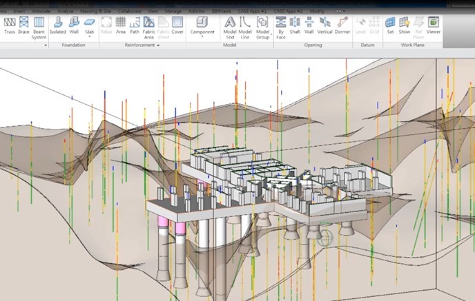 BIM-SAFD主要是利用幾個不同軟件的共同協作，製作三維地基模型去準確地顯示地質岩層與樁柱的關係，然後自動計算每一支樁基礎岩層的最低 (Founding Level) 標高。